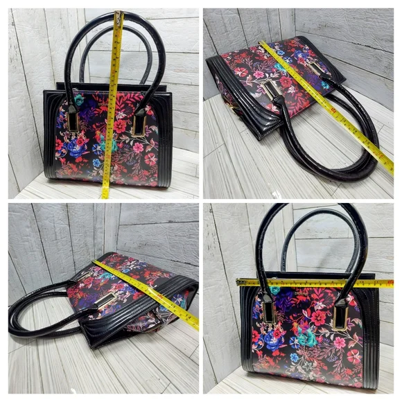 Bebe Black Multi-Floral Print Med/Lrg 2Handle Zip Pockets Square Satchel Handbag - Picture 7 of 8